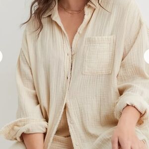 Aerie Womens Cream Gauzy Buttondown Distressed Seams XS Top/Coverup